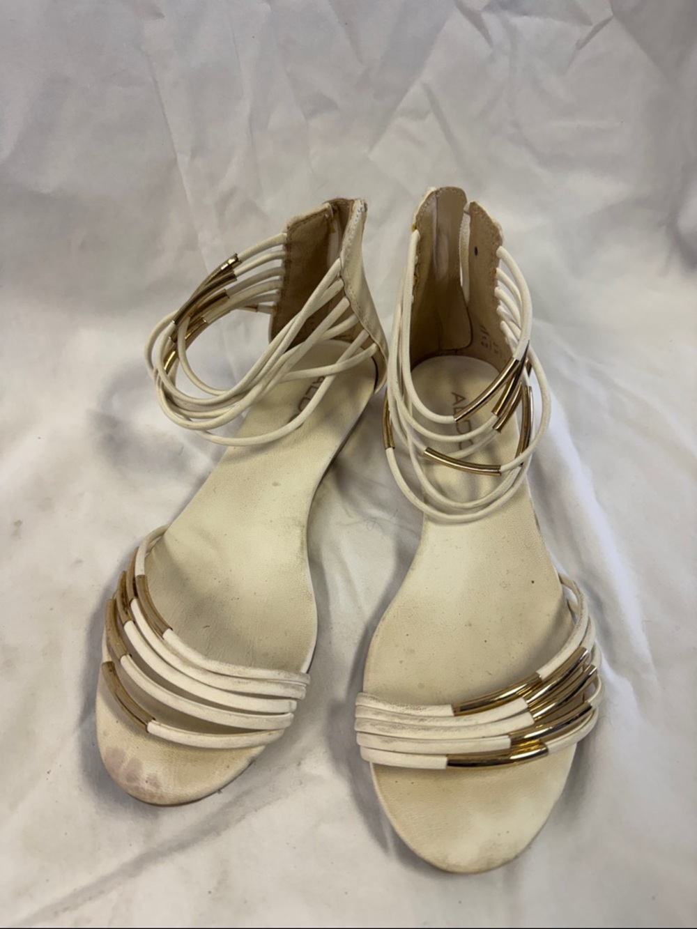ALDO White Strappy Ankle-Cuff Sandals with Gold Accents